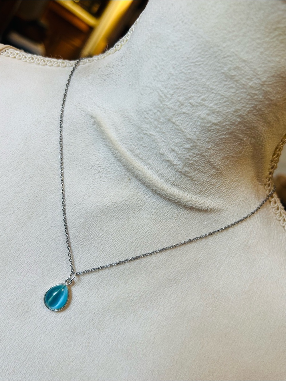 Handcrafted raindrop blue cat eye glass pendant on chain necklace